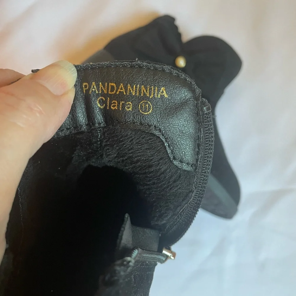 Pandaninjia Clara Black Suede Kids Zip Boots with‎ Bow Detail, NWOT, Size 11